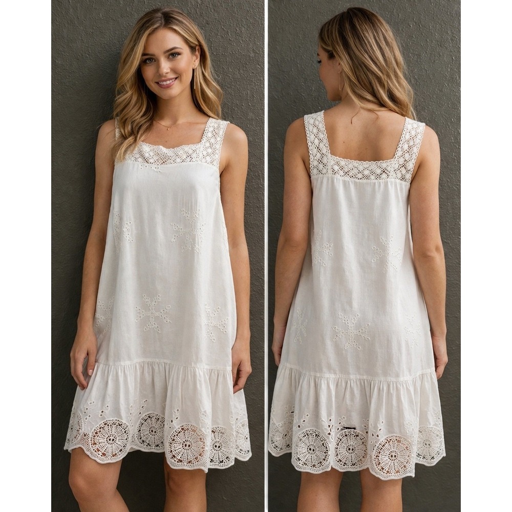 Loft White Eyelet Embroidery Dress 2 Crochet Lace Trim Fairy Babydoll Feminine